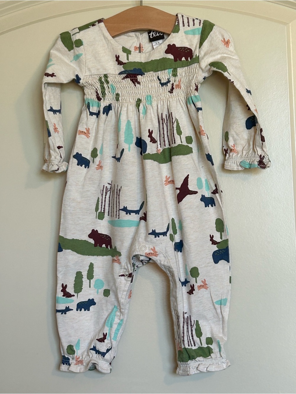 Sz3-6M Tea Collection Woodland Print Smocked Romper